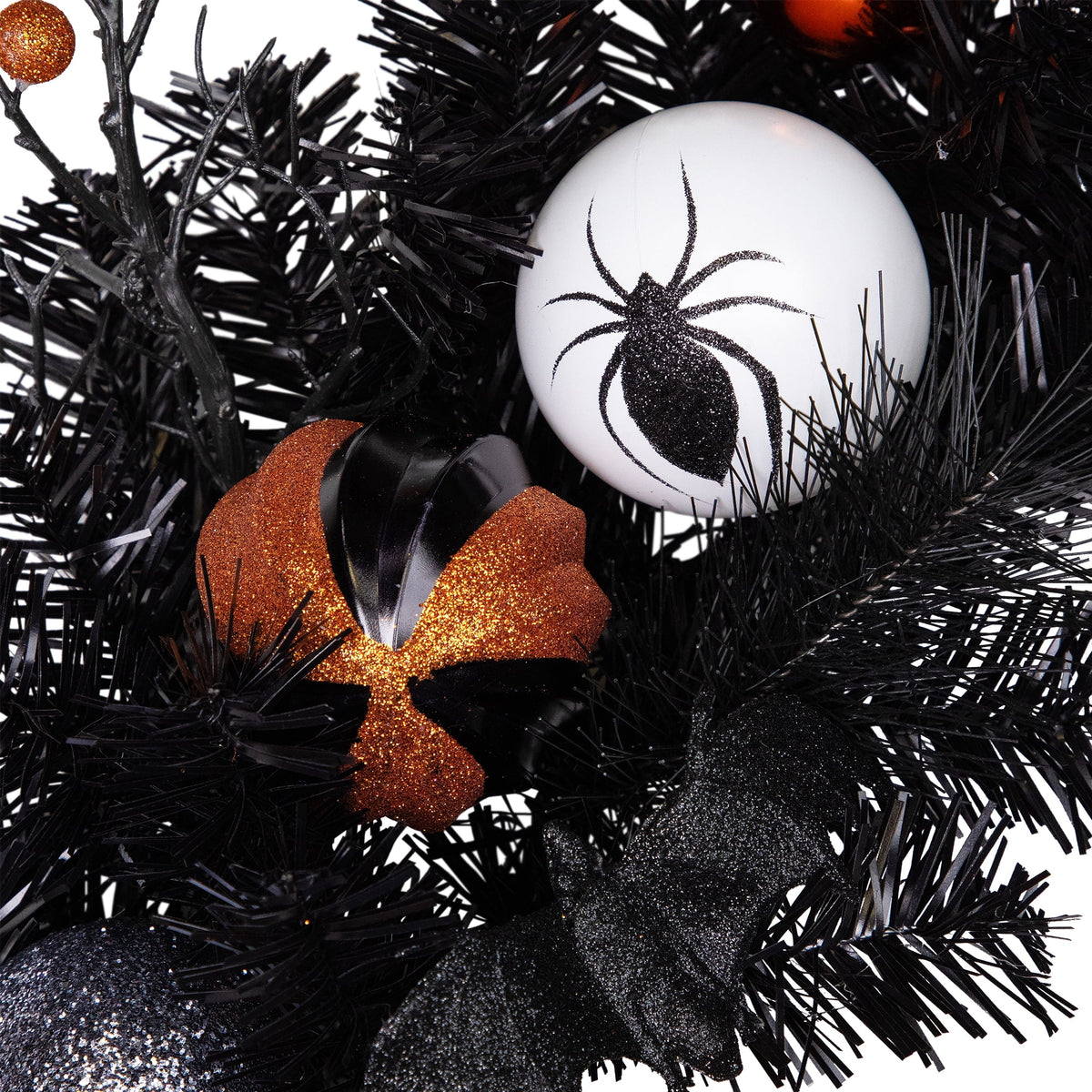 Northlight Ornaments and Ghost Halloween Twig Pine Wreath - 24" - Orange and Black - Unlit