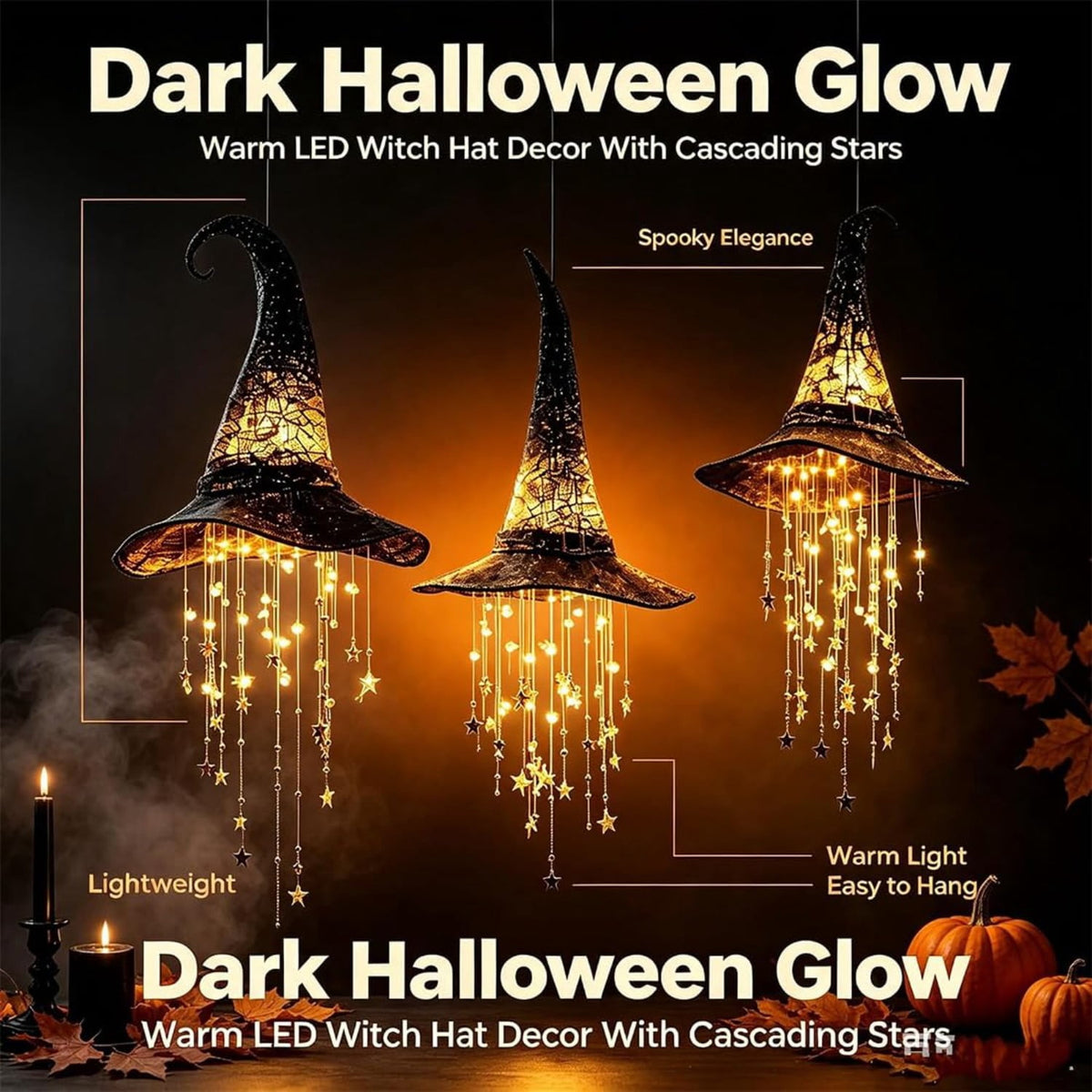 Lighted Witch Hat Hanging Chime, LED Black Mesh Witch Hat with Glowing Star Garland, Indoor Outdoor Halloween Decor for Porch Tree Window