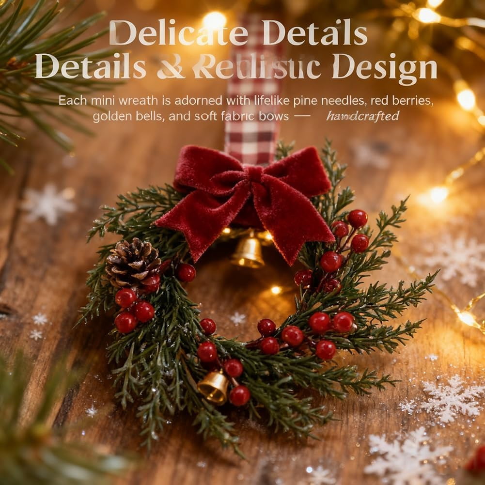 Christmas Mini Wreaths, Set of Small Artificial Pine Cabinet Rings with Bows & Berries, Holiday Door & Window Decor, Hanging Indoor Outdoor Christmas Decorations (Black/Red Check, 10PCS)