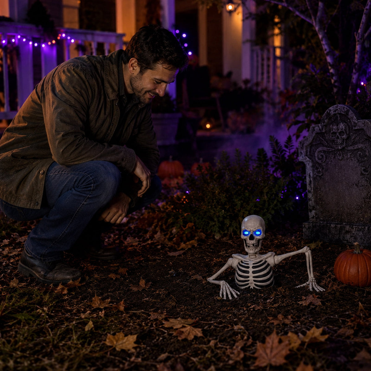 11.8in Halloween Groundbreaker Skeleton Light Up Blue Eyes Lighted Skeleton Bust Prop Outdoor Yard Graveyard Novelty Gift Decor