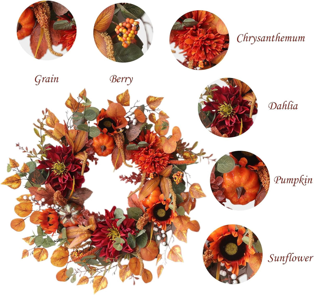 24 Inch Fall Wreaths for Front Door Outside, Fall Door Wreath with Pumpkins,Dahlia,Sunflowers, Maple Leaves,Autumn Wreaths Decorations for Harvest Thanksgiving Halloween Indoor Outdoor Home Decor