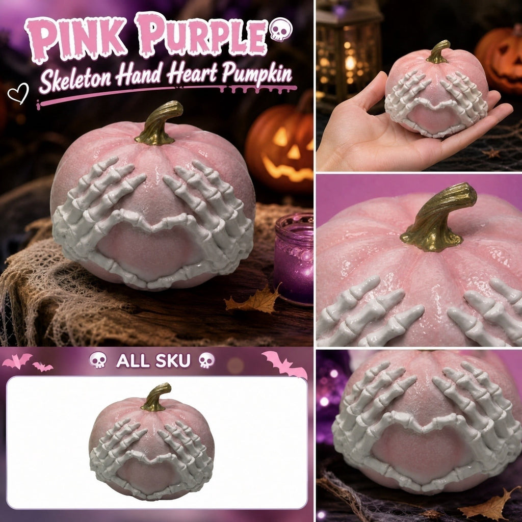 Gradient Skeleton Hand Heart Pumpkin, Resin Pink Purple Artistic Color Unique Halloween Art Display for Living Room Desktop_Pink