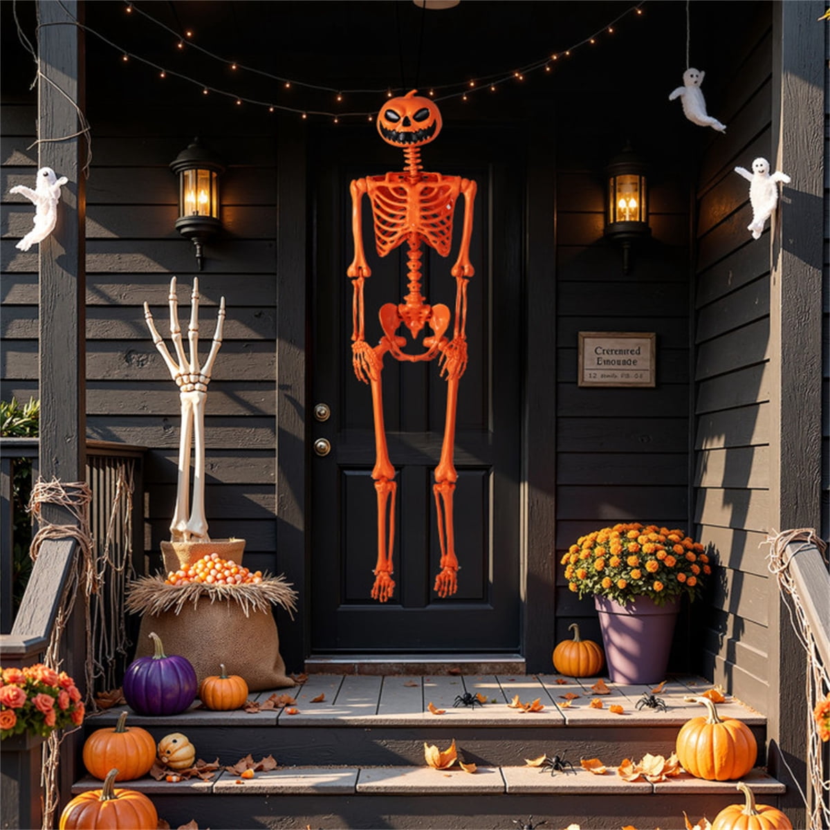 5.5ft Life-Size Halloween Skeleton with Pumpkin Head, Orange, PP+PE Material
