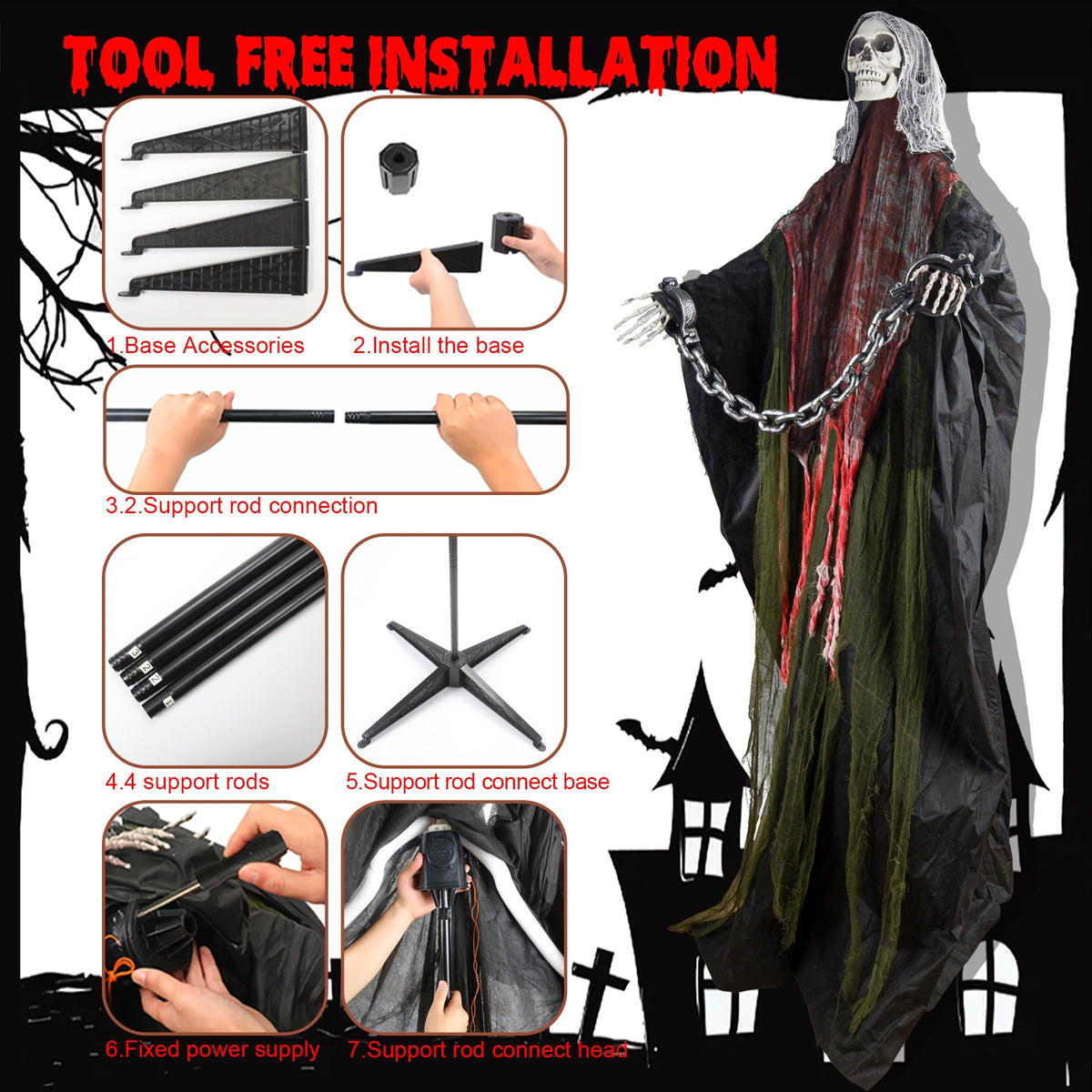 Magotan 6ft Halloween Outdoor Skeleton Ghost Decorations, Sound Controlled Swinging Scary Skeleton Ghost Halloween Decoration for Outdoor Garden Porch Yard Decor,Green