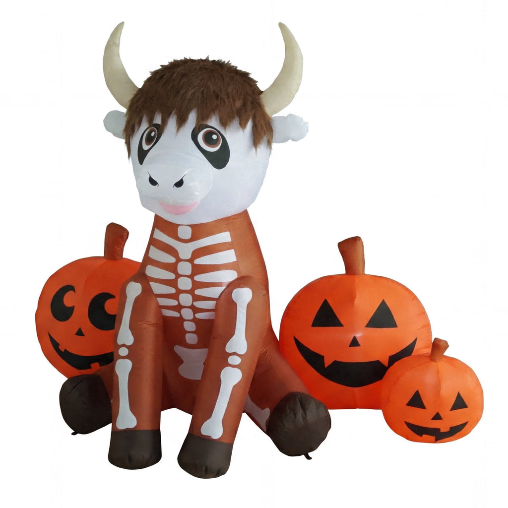Skeleton Highland Cow with Pumpkins Halloween Inflatable, 5ft