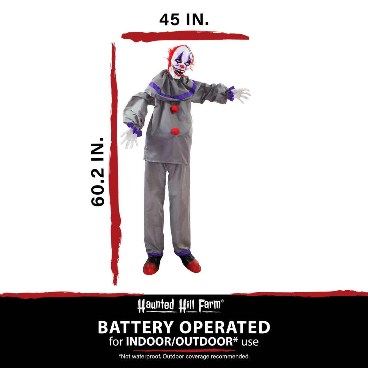 Haunted Hill Farm Animatronic 4.6-Ft. Swinging Clown with Lights and Sound, Indoor or Covered Outdoor Halloween Decoration