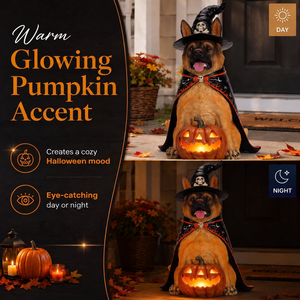 A7Store Halloween Golden Retrieve Dog Indoor Outdoor Porch Statue with Lighted Pumpkin, Pink Witch Hat and Cape