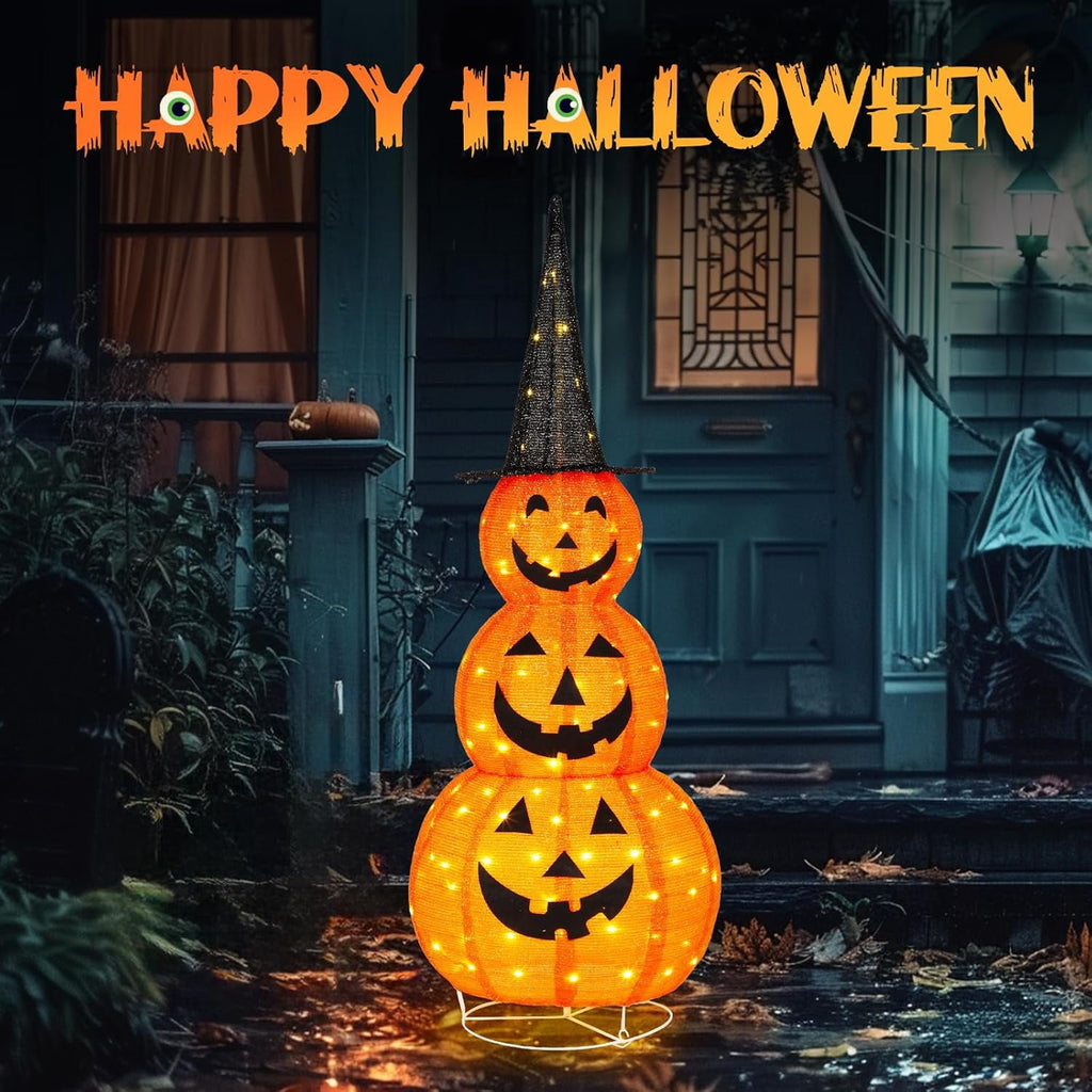 VINGLI 4FT Scary Lighted Halloween Decorations Outdoor, Pop Up Halloween Ghost Decorations, Light Up Ghost Decor with Pre-lit 135 LEDs, Cute Broom, Black Hat for Porch Yard Lawn Patio