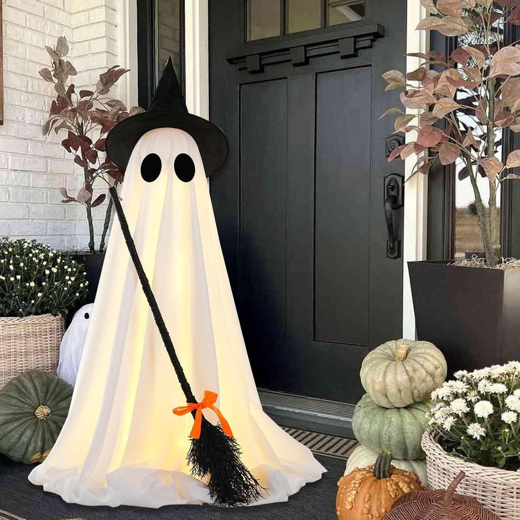 LED Light Up Ghost Decoration with Witch Broom and Timer for Halloween