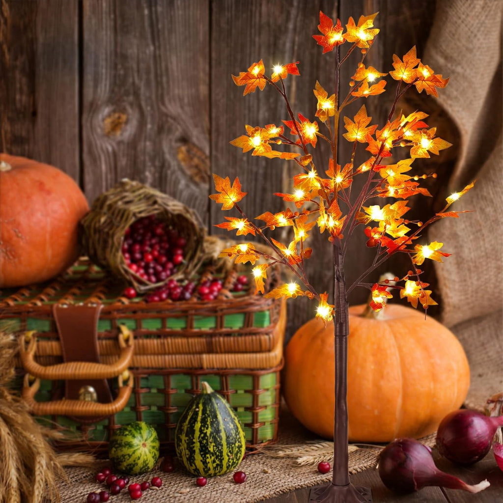 2 Pack LED Lighted Maple Tree, 5 FT Lighted Artificial Tree for Thanksgiving Harvest Fall Festival Halloween Home Party Decoration