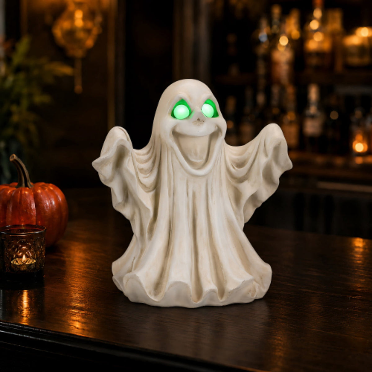SpookHaven Halloween Ghost Resin Figurine, Light‑Up Ghost Statue with LED Glowing Green Eyes for Spooky Tabletop & Haunted House Party Decor