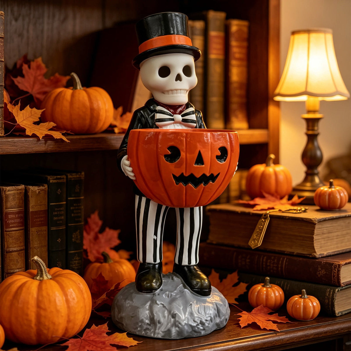 Halloween Decorations Skeleton Candy Bowl Statue Spooky Skull Top Hat Figurine Resin for Front Door Porch Mantel Entryway Table Home Party Decor
