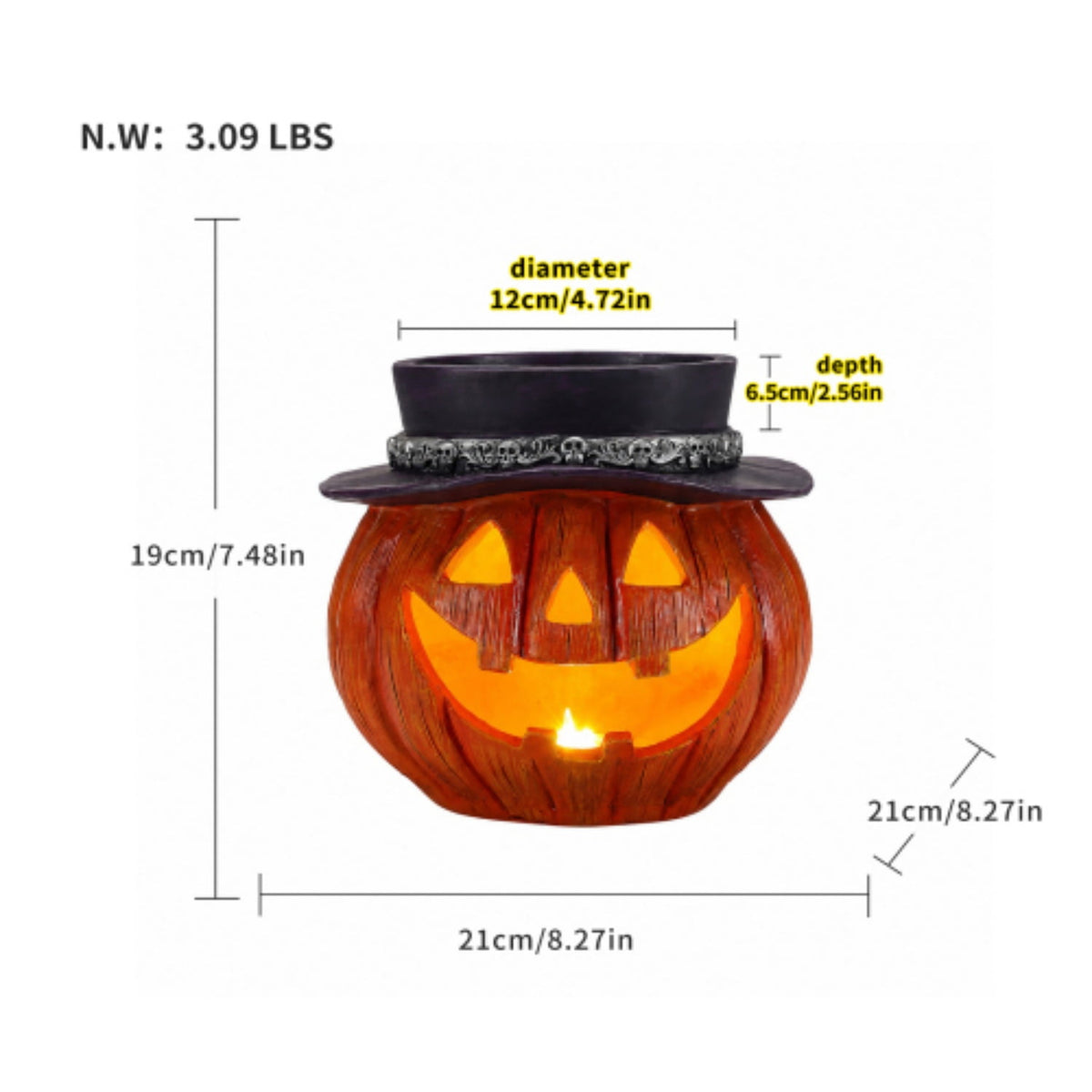 SpookHaven Halloween Jack‑O‑Lantern Pumpkin Mist Sprayer Figurine, LED Light‑Up Fogger with Witch Hat & Skull Decoration, Spooky Ornament for Tabletop Entryway Halloween Party Home Decor