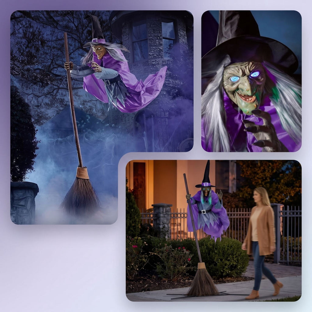 Clearance Halloween Flying Witch Prop, 6 Ft Cloth Broomstick Witch with Glowing Eyes and Sound Activated Effects, Spooky Garden Porch Yard Party Decor