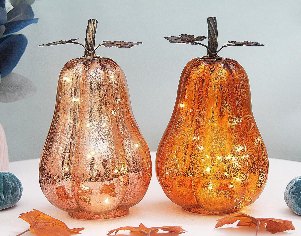 Mercury Glass Pumpkin Lights with Timer, Battery Operated Led Pumpkin Lights for Halloween Fall,Thanksgiving Rustic Decor (Rosegold Leafy, 11")