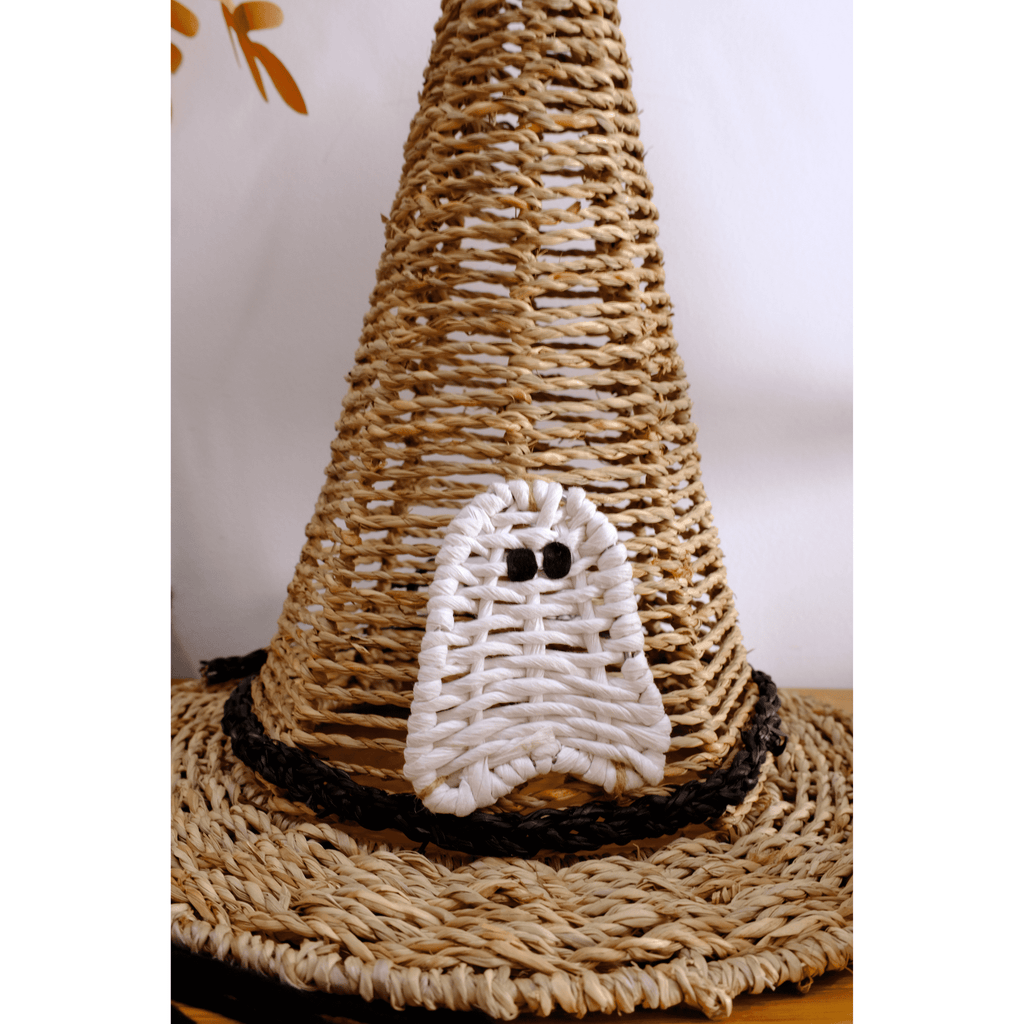 Set of 2 Handwoven Natural Witch Hat Decorations with Ghost and Spider Accents – Halloween Tabletop Décor