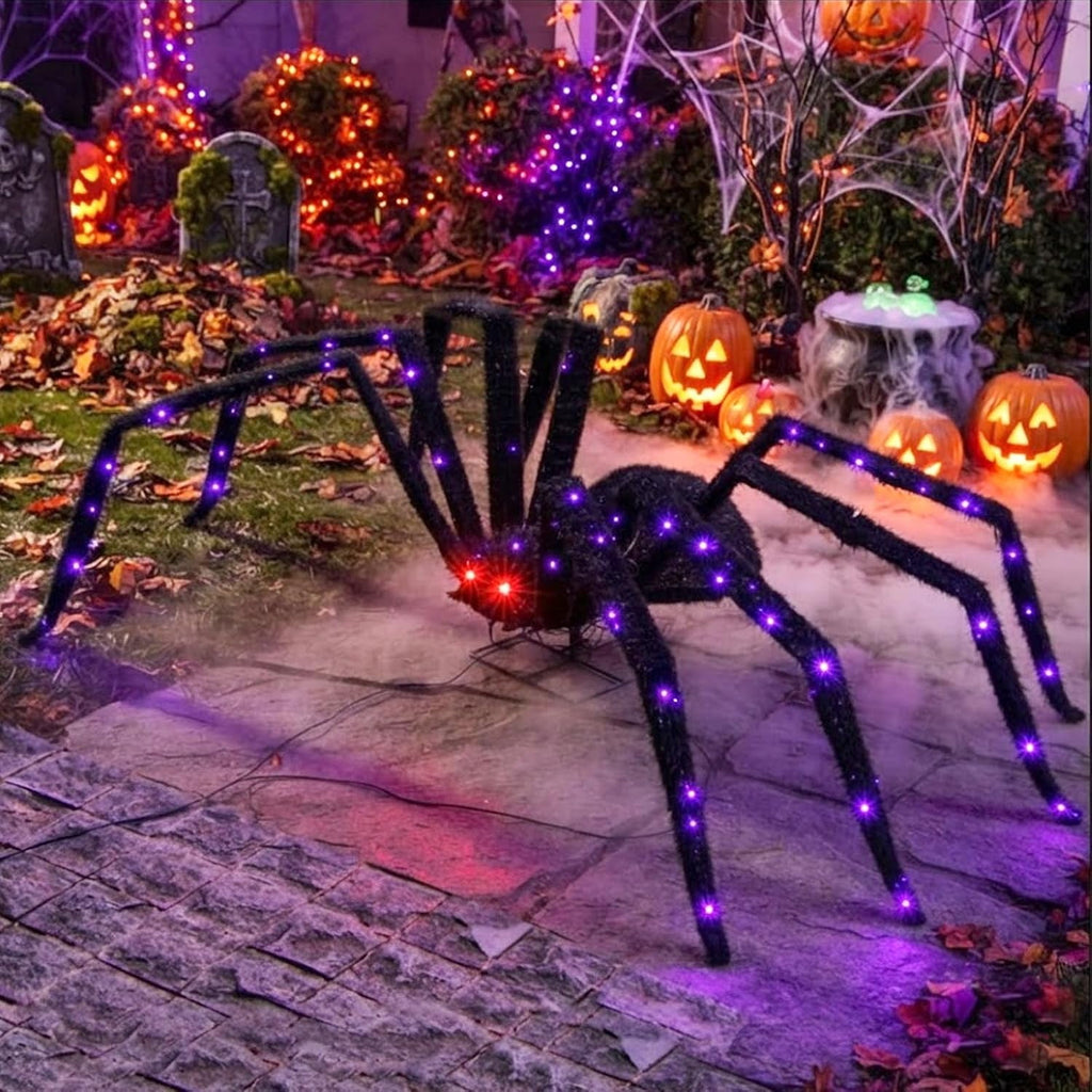 Halloween Decorations Outdoor Giant Spider Light Up Spider 4.3Ft Lighted Large Spider with 6 Modes and 100 LED Purple Lights, Black Spooky Spider for Yard Lawn Garden Patio Outside Decor