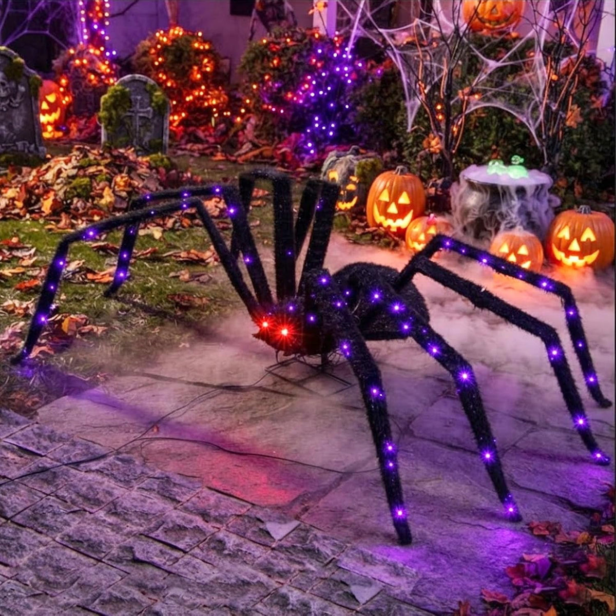 Halloween Decorations Outdoor Giant Spider Light Up Spider 4.3Ft Lighted Large Spider with 6 Modes and 100 LED Purple Lights, Black Spooky Spider for Yard Lawn Garden Patio Outside Decor