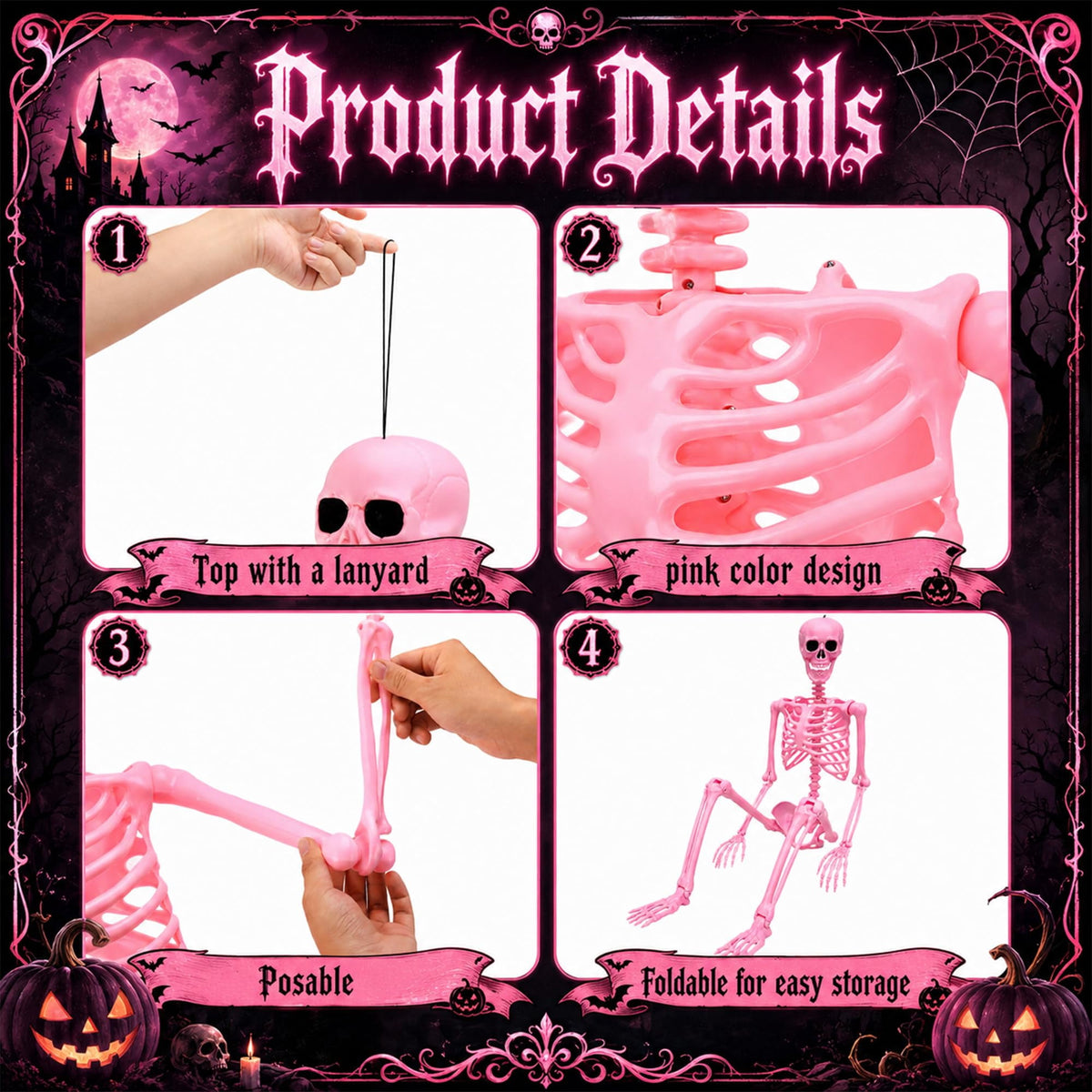EBaokuup 5.5 ft Halloween Skeleton Decoration, Pink Posable Skeleton Prop with Movable Joints