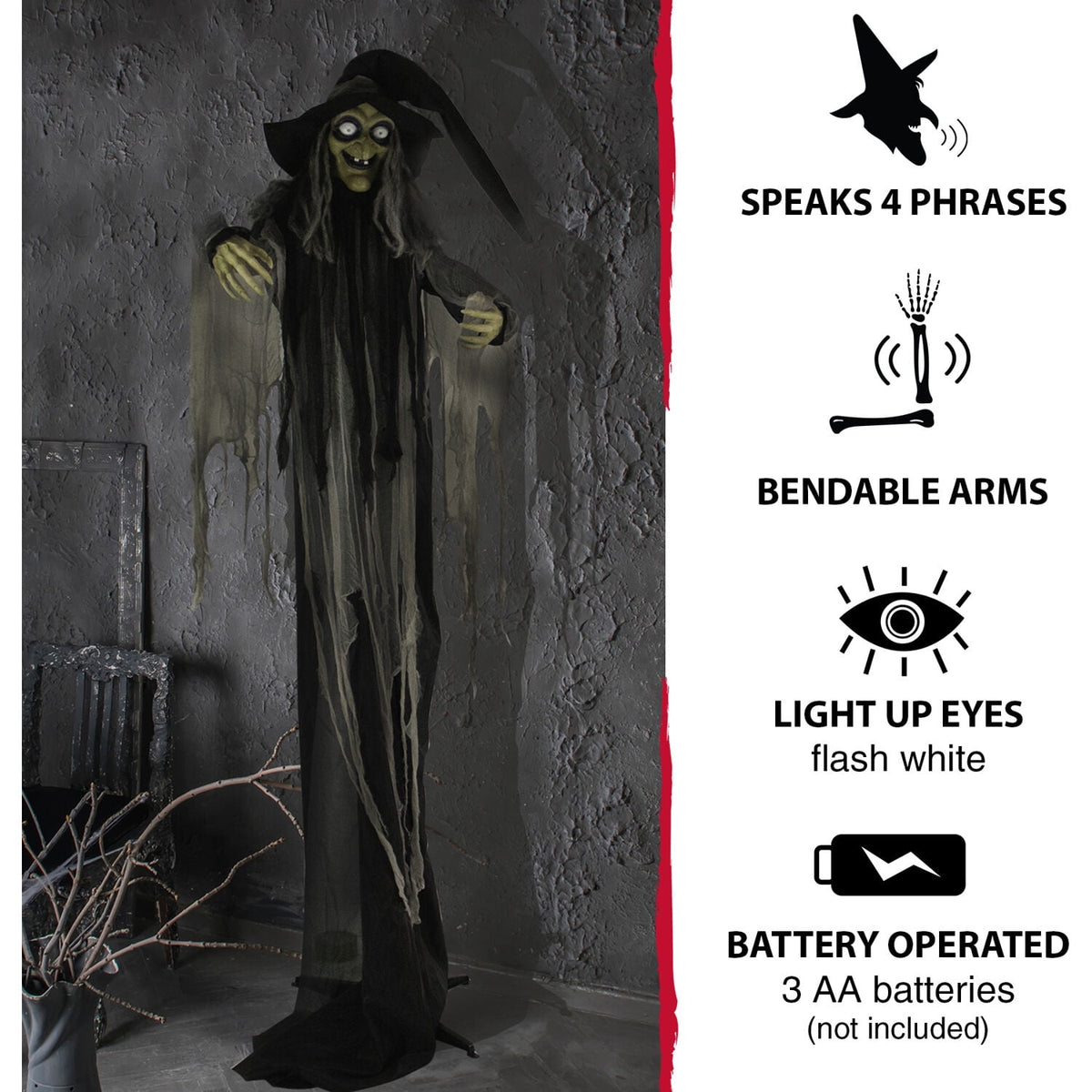 Haunted Hill Farm 6 ft Animatronic Talking Forest Witch with Movement and Lights for Scary Halloween Decoration, HHWITCH-44FLSA