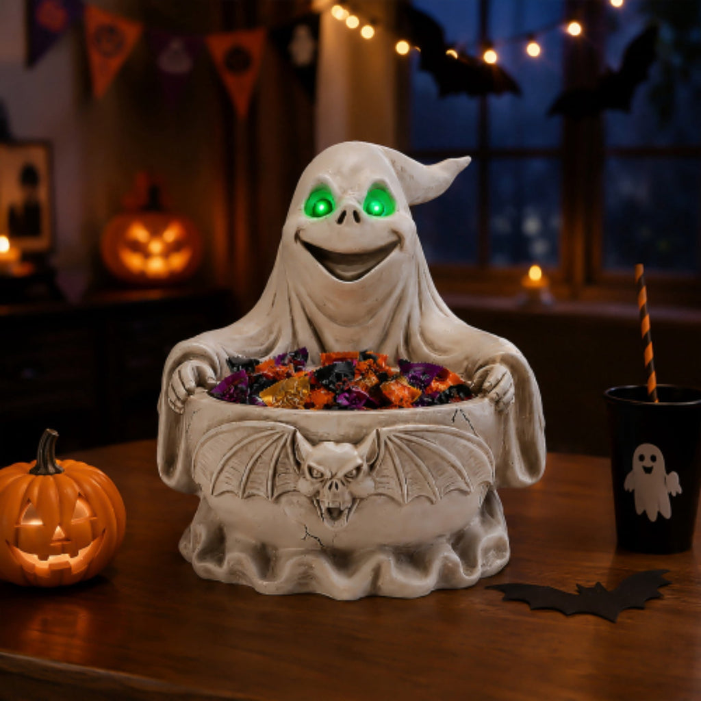 SpookHaven Halloween Jack‑O‑Lantern Pumpkin Mist Sprayer Figurine, LED Light‑Up Fogger with Witch Hat & Skull Decoration, Spooky Ornament for Tabletop Entryway Halloween Party Home Decor