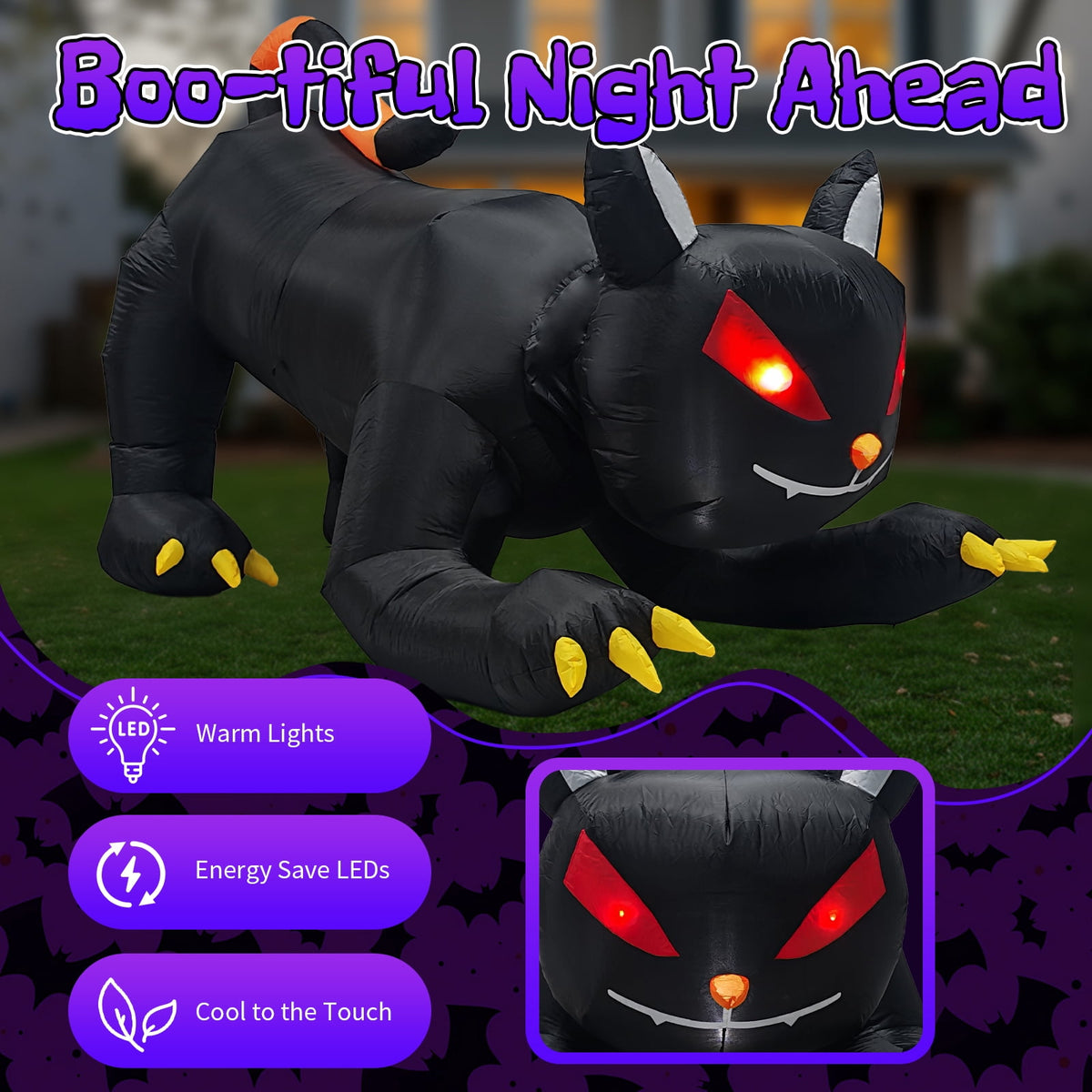 6.5ft Animated Halloween Inflatable Black Cat with Moving Head and LED Lights for Yard Decor