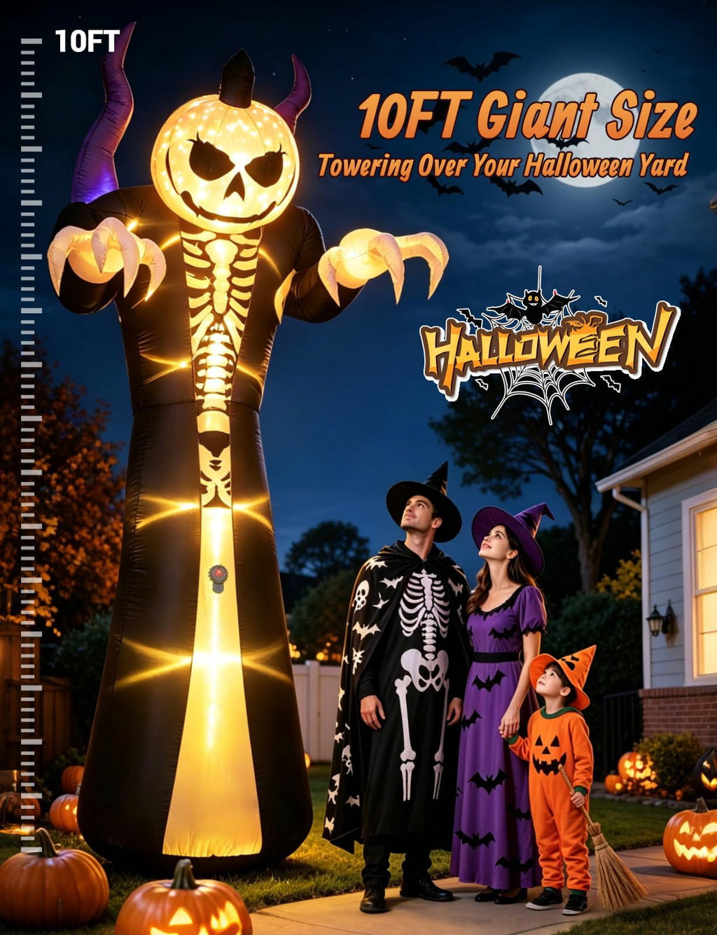 Novtech 10 FT Grim Reaper Halloween Inflatables, Pumpkin Head, Motion Activated Scream, 8 RGB Light Modes, Blow Up Outdoor Yard Decorations for Trick or Treat, Lawn Garden Party & Scary Haunted House