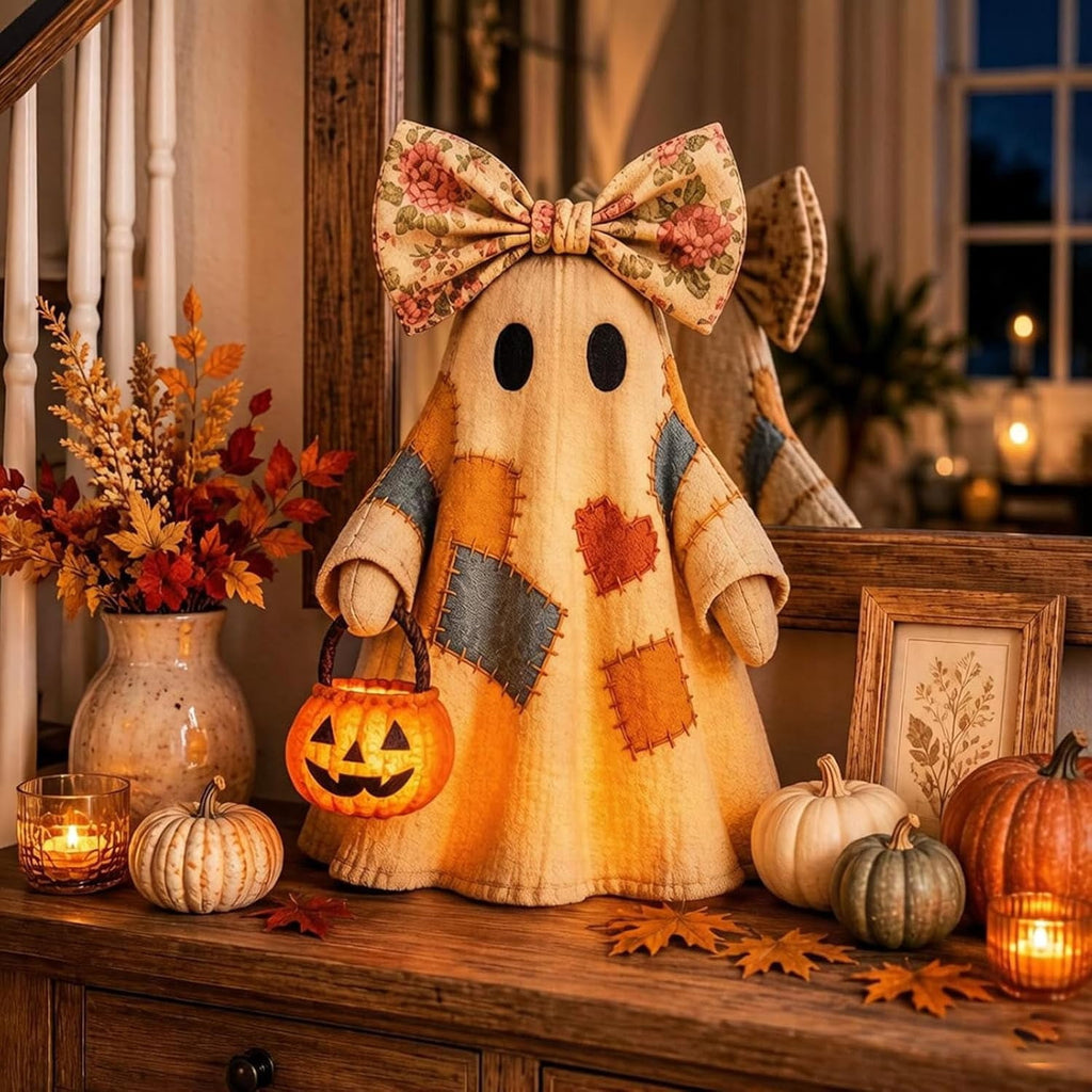 Lighted Vintage Patchwork Ghost, 13.8in LED Sweet Ghost with Pumpkin Lantern, Patchwork Ghosts Lamp for Halloween Decor, Harvest Fall Halloween Decorations for Mantel Shelf Entryway Porch (3Pack)