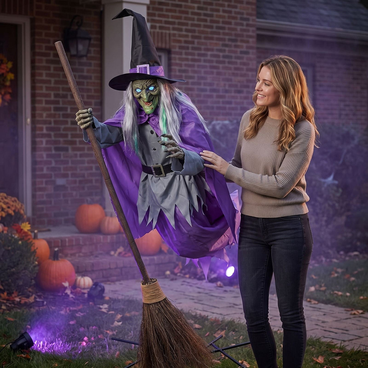 Clearance Halloween Flying Witch Prop, 6 Ft Cloth Broomstick Witch with Glowing Eyes and Sound Activated Effects, Spooky Garden Porch Yard Party Decor