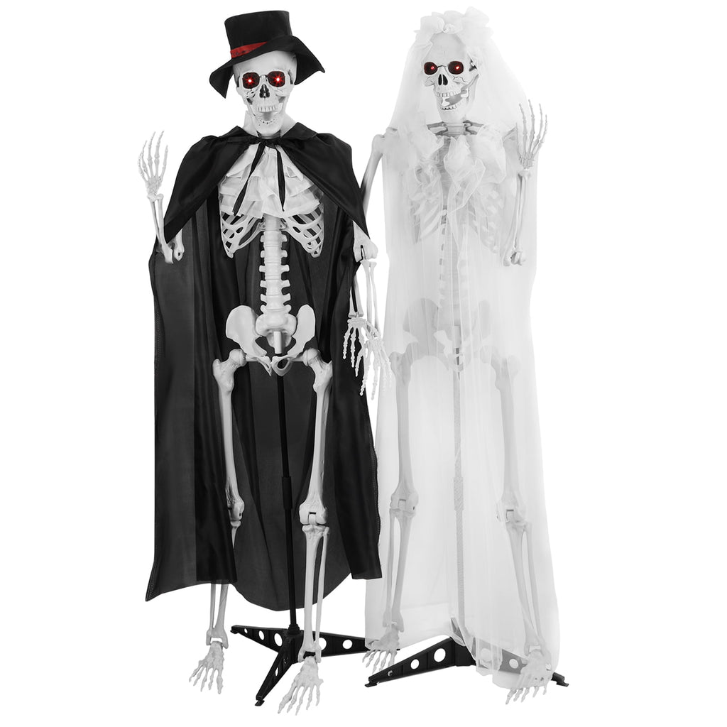 SUSUchens Life-Size 65" Halloween Skeleton Couple Full Body Bones Posable Skeleton with Movable Joints, Bride,Groom Skeleton Decor with Sound,Glowing Eyes,Haunted House Party Props
