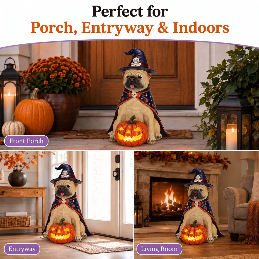 A7Store Halloween Golden Retrieve Dog Indoor Outdoor Porch Statue with Lighted Pumpkin, Pink Witch Hat and Cape