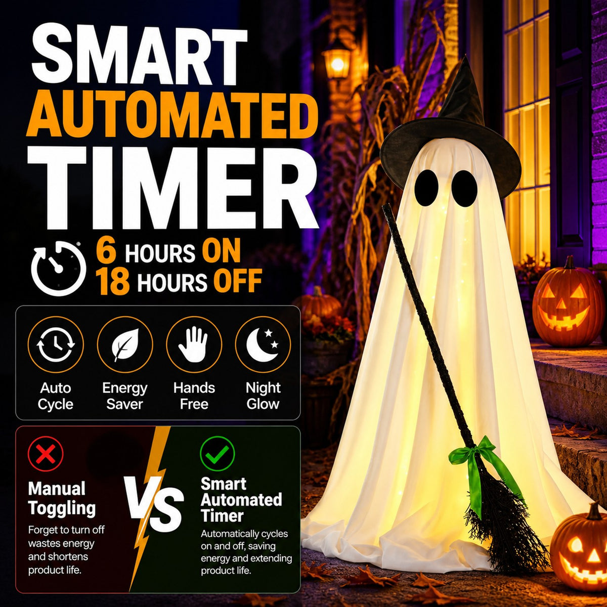 Standing Light Up Ghost with Witch Broom 40 In White 1 Pack