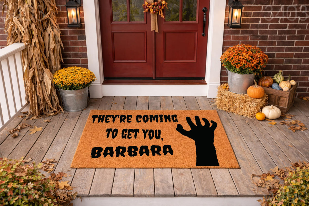 Halloween Doormat, They're Coming To Get You Barbara Quote, Zombie Hand Silhouette, Funny Scary Welcome Mat, Front Door Decor 3403 (36x60 inches) 3403