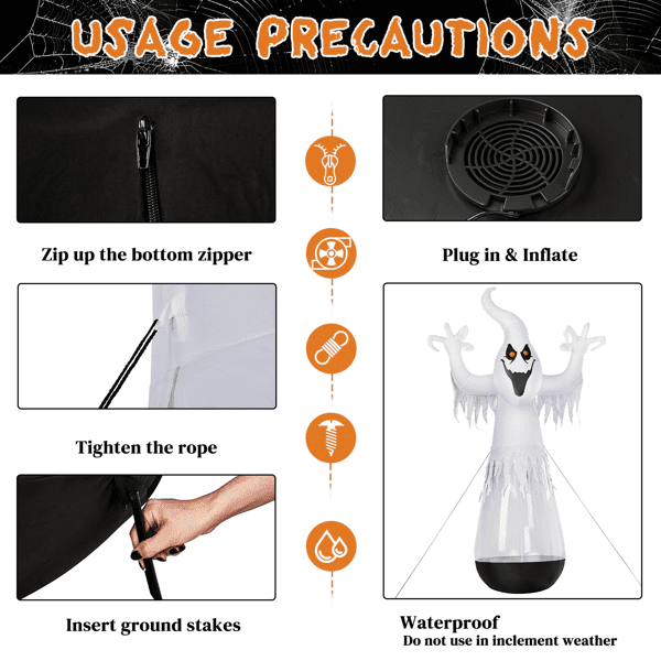 Alvantor 12 ft Clear PVC Ghost Halloween Inflatable with 2 LED Lights and Stage Light, Black and White