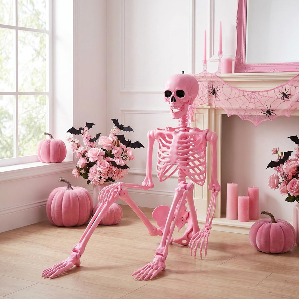 EBaokuup 5.5 ft Halloween Skeleton Decoration, Pink Posable Skeleton Prop with Movable Joints