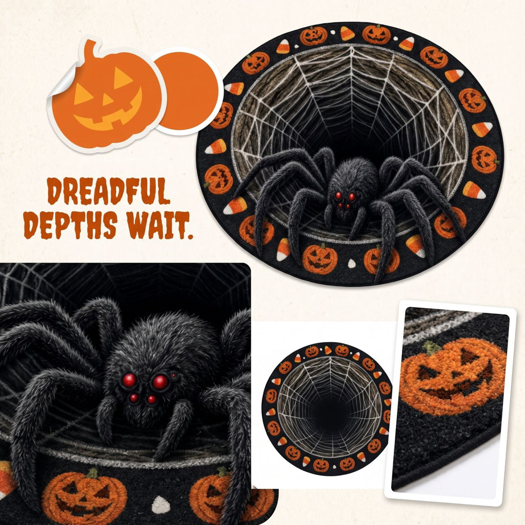 3D Halloween Spider Rug Round, Non-Slip Illusion Doormat with Pumpkin Candy Corn, Scary Web Floor Mat for Front Door Entryway Living Room Indoor Holiday Decor Party Props