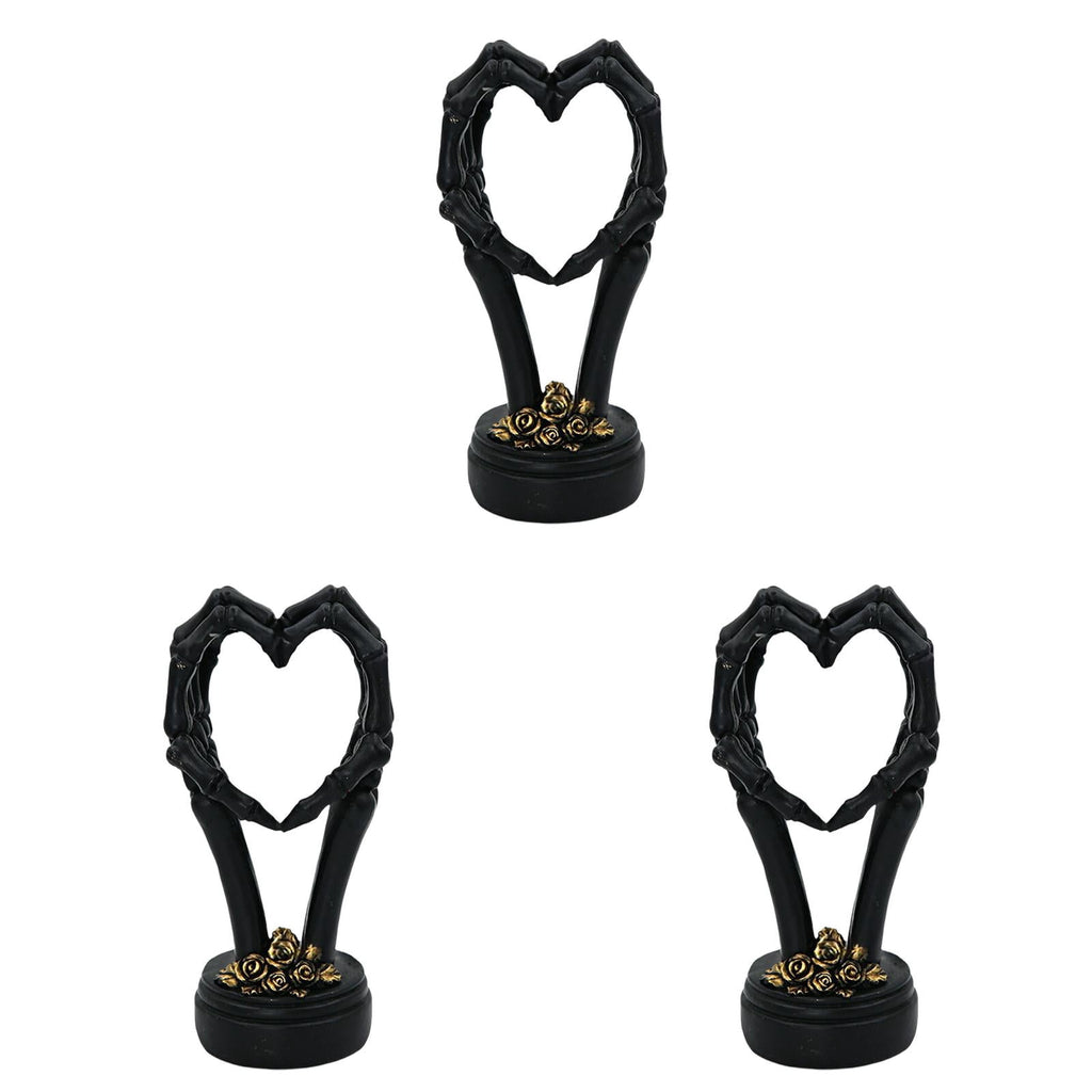 3Pcs Halloween Skeleton Heart Hands Sculpture, Resin Abstract Bone Finger Gesture Statue with Floral Ornament Base, Gothic Home Desktop Decor for Shelf, Mantel, Dressing Table and Party Display