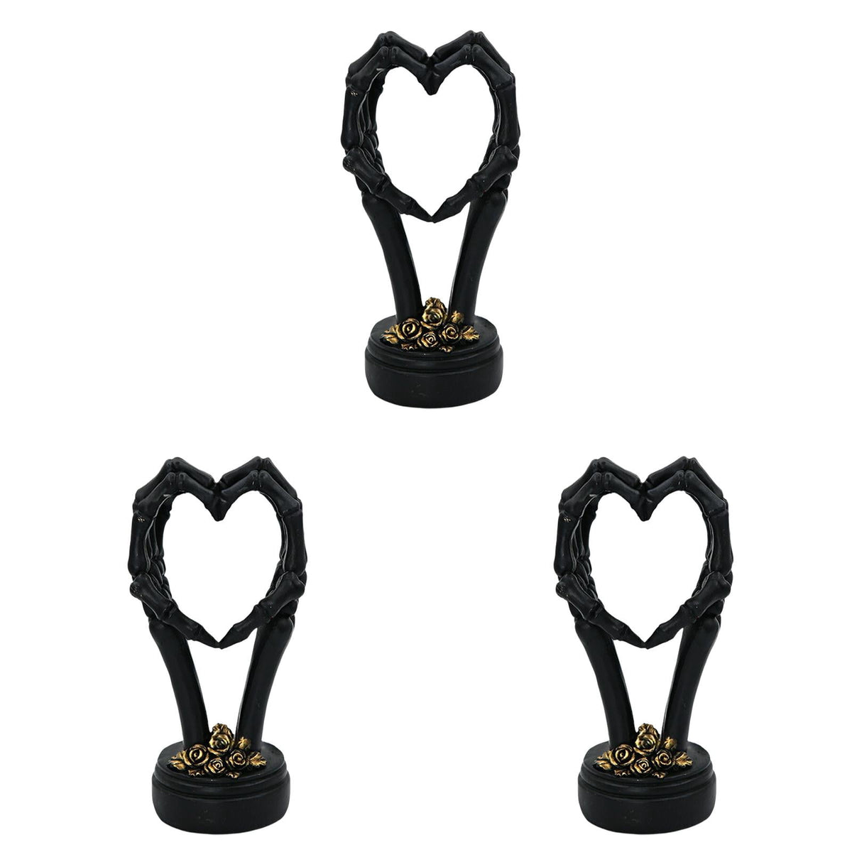 3Pcs Halloween Skeleton Heart Hands Sculpture, Resin Abstract Bone Finger Gesture Statue with Floral Ornament Base, Gothic Home Desktop Decor for Shelf, Mantel, Dressing Table and Party Display