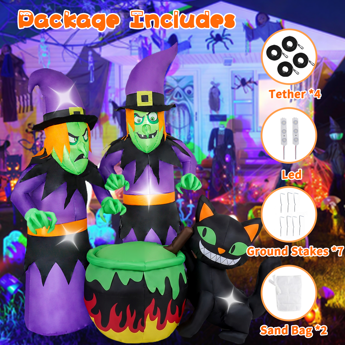 KINQUINN 6FT Halloween Inflatable 2 Witch with Cauldron and Cat Decoration Outdoor, Blow Up Witch with Build-in LEDs, Blow Up Yard Decoration Outdoor for Outside, Indoor, Lawn, Yard, Garden