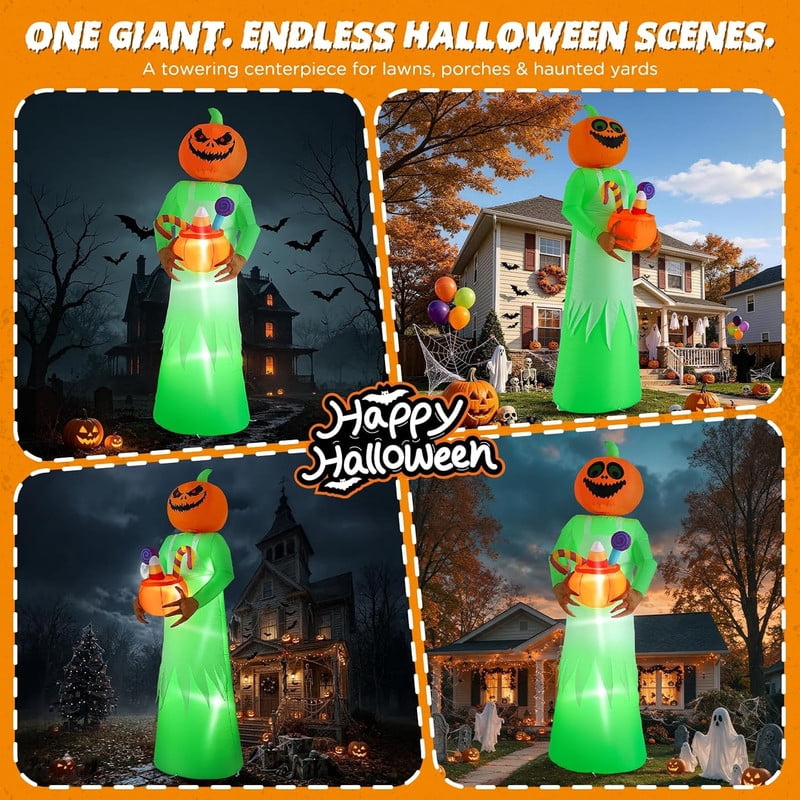 Novtech 10 FT Grim Reaper Halloween Inflatables, Pumpkin Head, Motion Activated Scream, 8 RGB Light Modes, Blow Up Outdoor Yard Decorations for Trick or Treat, Lawn Garden Party & Scary Haunted House
