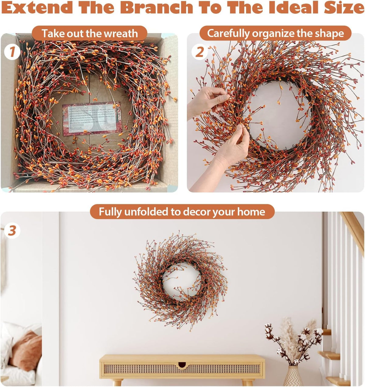 24 Inch Fall Wreath for Front Door with Large Grapevine, Orange Pip Berry Wreath for Fall Door Decor, Autumn Wreaths for Farmhouse Wall Window Home and Halloween Christmas Thanksgiving Decoration