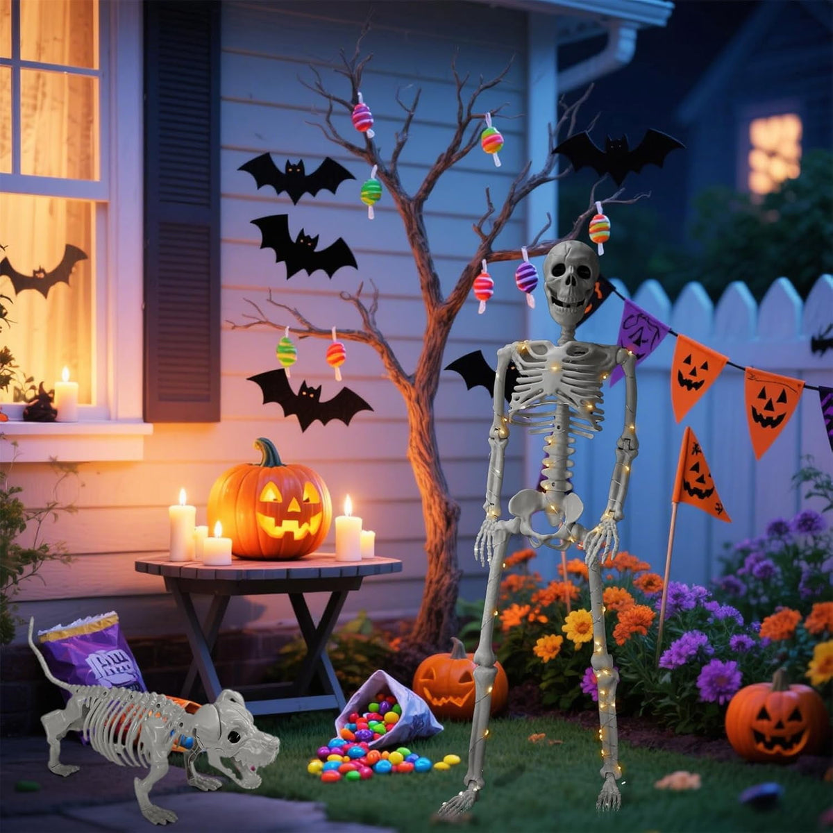Lighted Human & Dog Skeleton Halloween Decorations Outdoor/Indoor - 36 Inch Realistic Full Body Movable Posable Skeleton Spooky Halloween Decor for Garden Yard Porch Party Haunted Graveyard