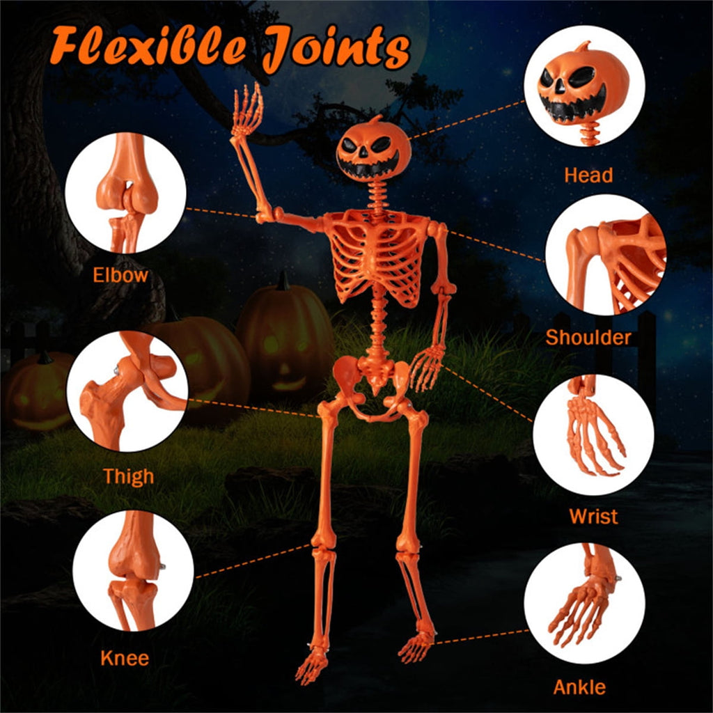 ECOBUY 5.5ft Life-Size Poseable Halloween Skeleton with Pumpkin Head, Orange Full-Body Realistic Decor, Movable Joints for Indoor & Outdoor Scary Display