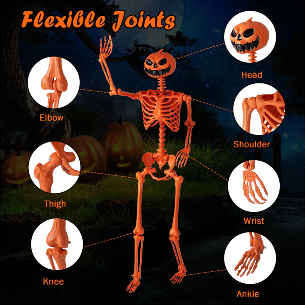 5.5ft Life-Size Halloween Skeleton with Pumpkin Head, Orange, PP+PE Material