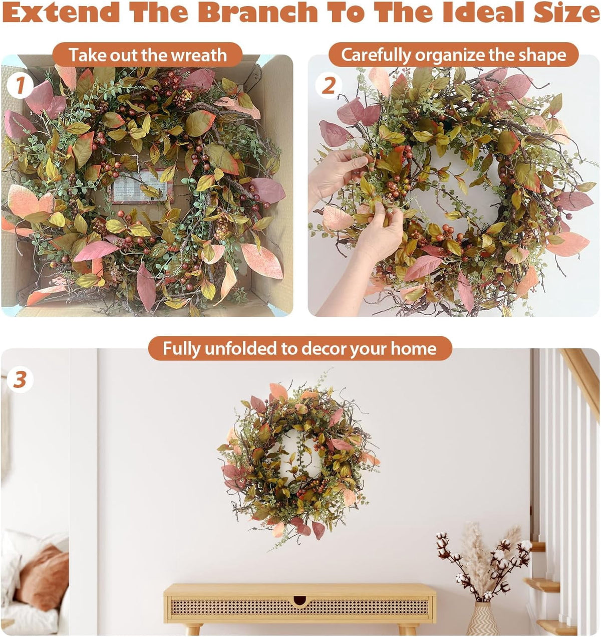24 Inch Fall Wreath for Front Door with Large Grapevine, Orange Pip Berry Wreath for Fall Door Decor, Autumn Wreaths for Farmhouse Wall Window Home and Halloween Christmas Thanksgiving Decoration
