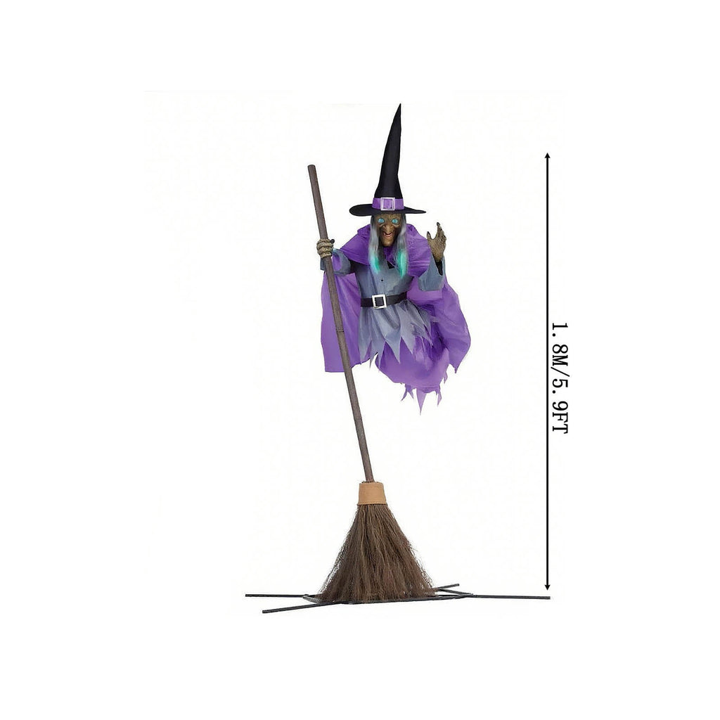 Clearance Halloween Flying Witch Prop, 6 Ft Cloth Broomstick Witch with Glowing Eyes and Sound Activated Effects, Spooky Garden Porch Yard Party Decor