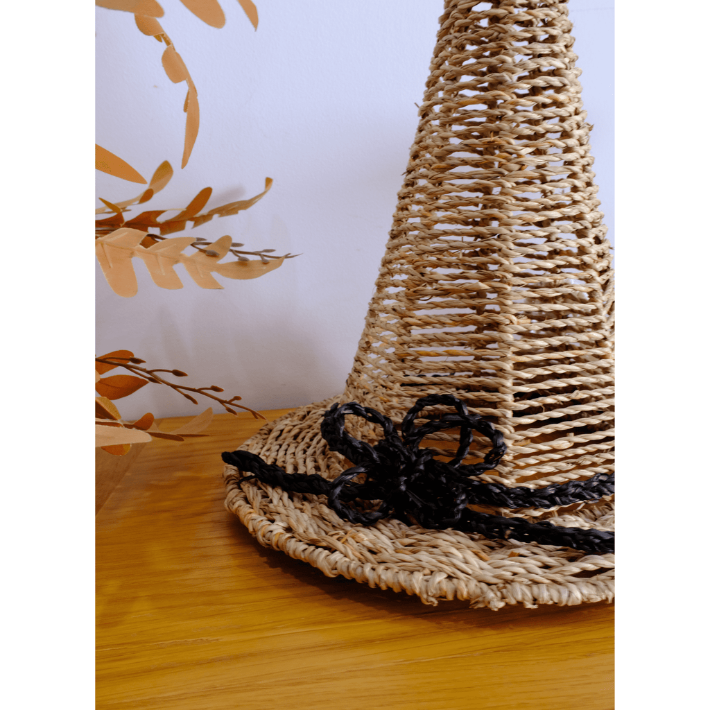 Set of 2 Handwoven Natural Witch Hat Decorations with Ghost and Spider Accents – Halloween Tabletop Décor