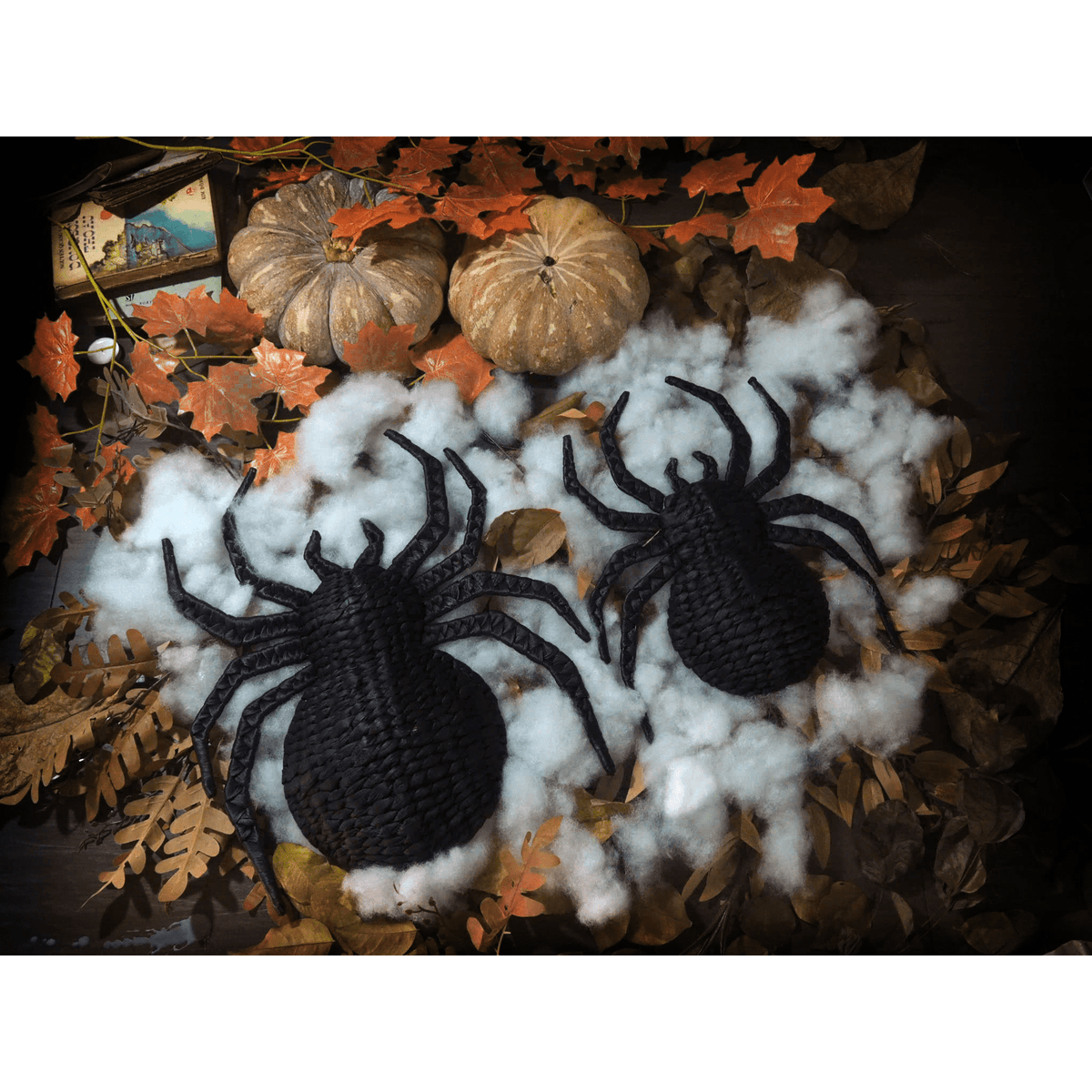 Set of 2 Handwoven Black Rattan Spider Wall Decor – Halloween or Gothic Accent