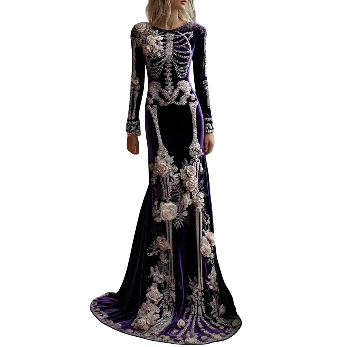 Women Halloween Skeleton Mermaid Dress, Velvet Long Sleeve Bodycon Gown with 3D Floral Appliques, Floor‑Trailing Gothic Costume for Party Cosplay L