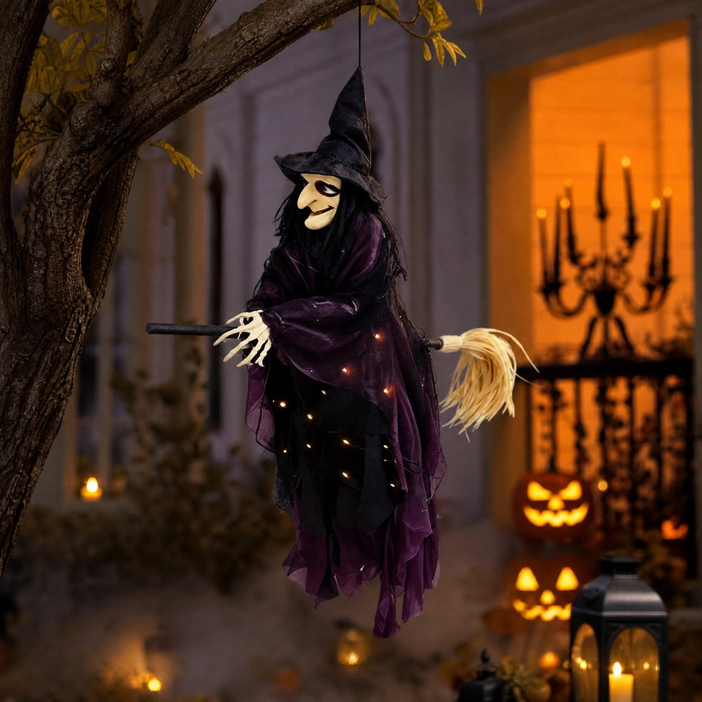 WWG Halloween Flying Witch Decoration, Spooky LED Light Up Witch Hanging Decor, Purple Glowing Witch Pendant with Skeleton Hands, Indoor Outdoor Halloween Party Decor, Includes 1 Witch Pendant
